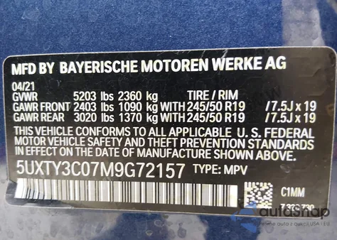 2021 BMW X3 Sdrive30I z USA, uszkodzony, nr VIN 5UXTY3C07M9G72157